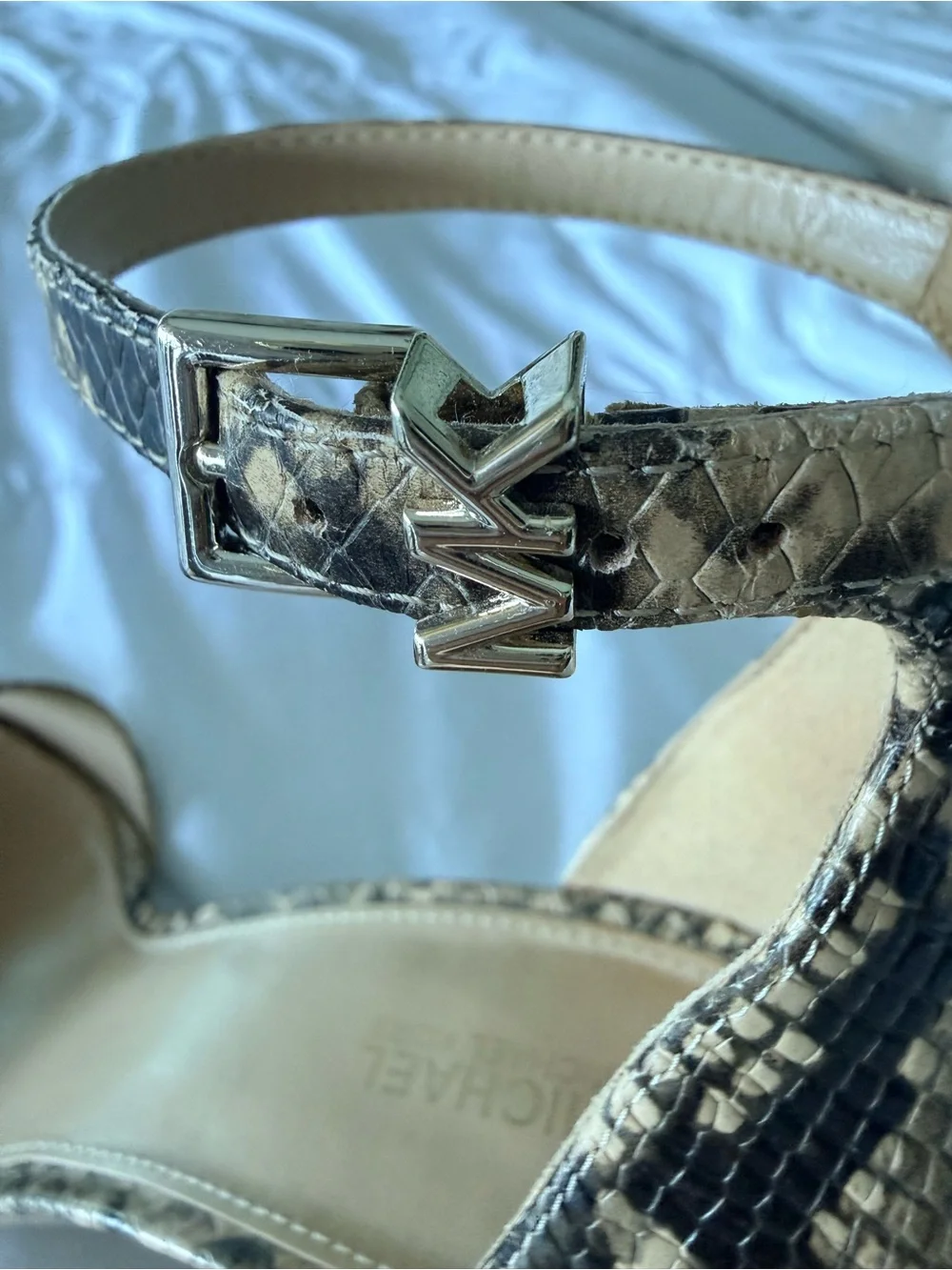 Michael Kors Snake-Print Ankle Strap Heels in Beige and Black